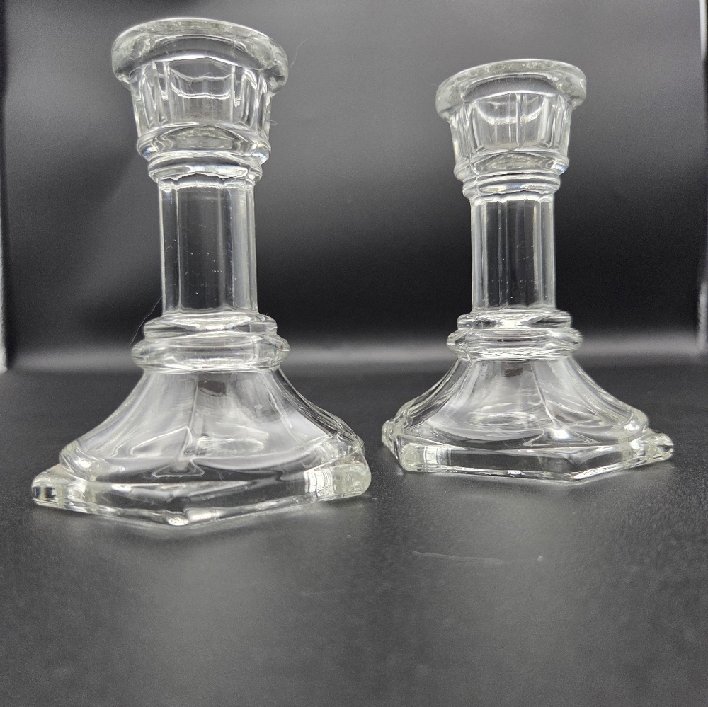 Vintage Glass Candlestick Holder 4" Tall, Set of 2 EUC